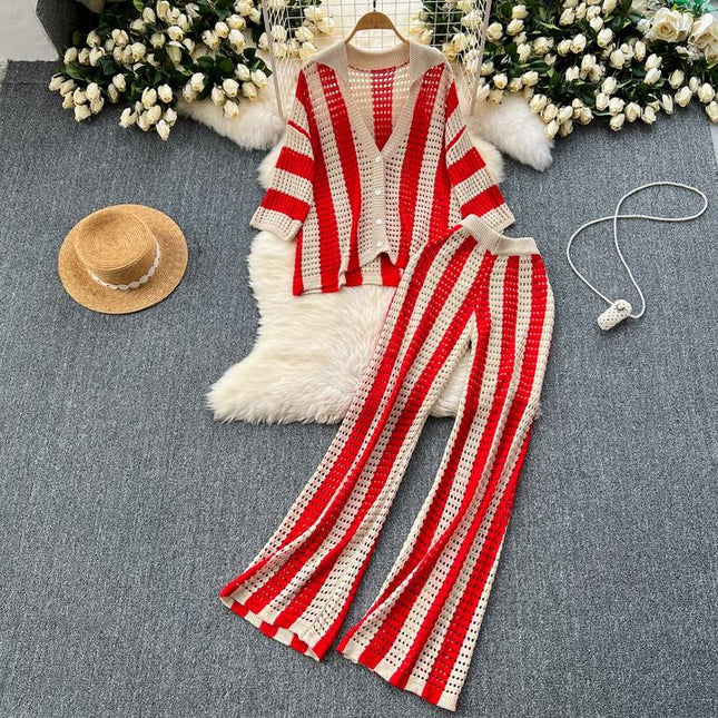 Plus Size Women's Premium Set Colorblocking Striped Knit Cardigan Loose Wide Leg Pants Casual 2 Pieces