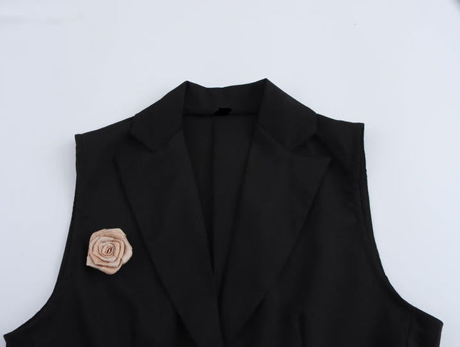 Notched Collar Black Color Front Flower Hot Sale Casual Fashion blazer Dress for Women
