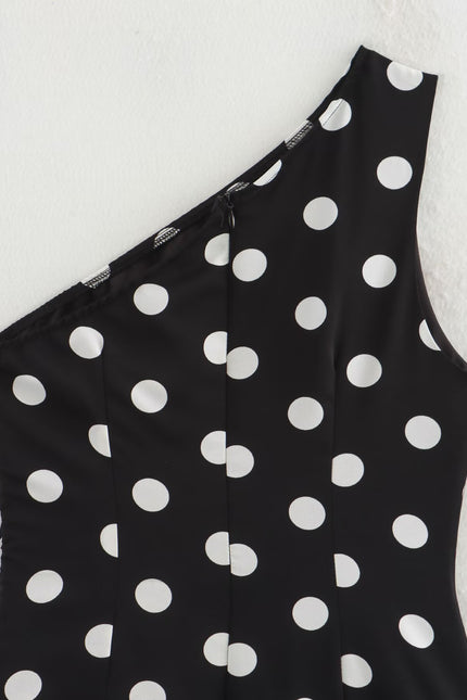 Asymmetrical Design Black White Color Polka Dot Print Casual Fashion Summer Mini Dress for Women