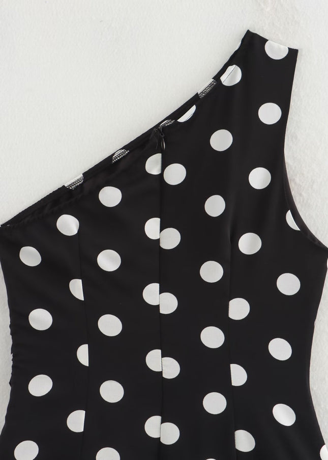 Asymmetrical Design Black White Color Polka Dot Print Casual Fashion Summer Mini Dress for Women
