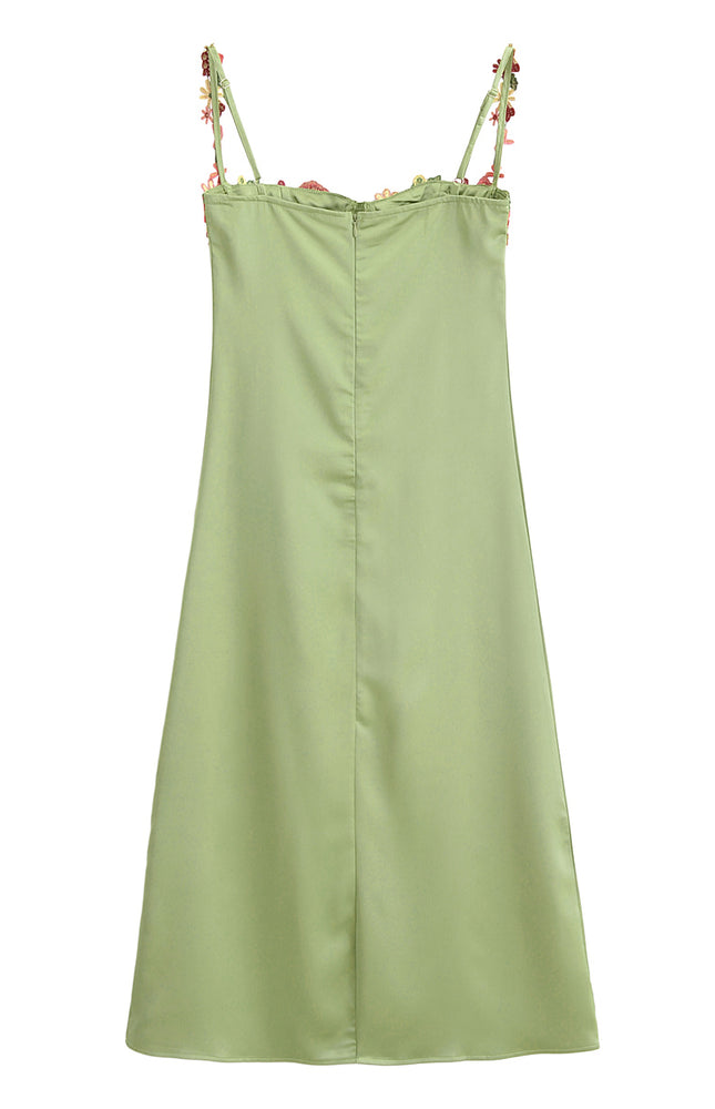 Green Color Floral Embroidery Spaghetti Strap Hot Sale Casual Fashion Summer Long slip Dress for Women