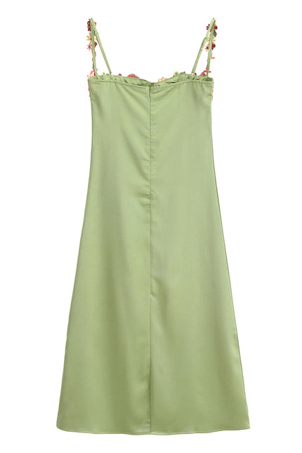 Green Color Floral Embroidery Spaghetti Strap Hot Sale Casual Fashion Summer Long slip Dress for Women