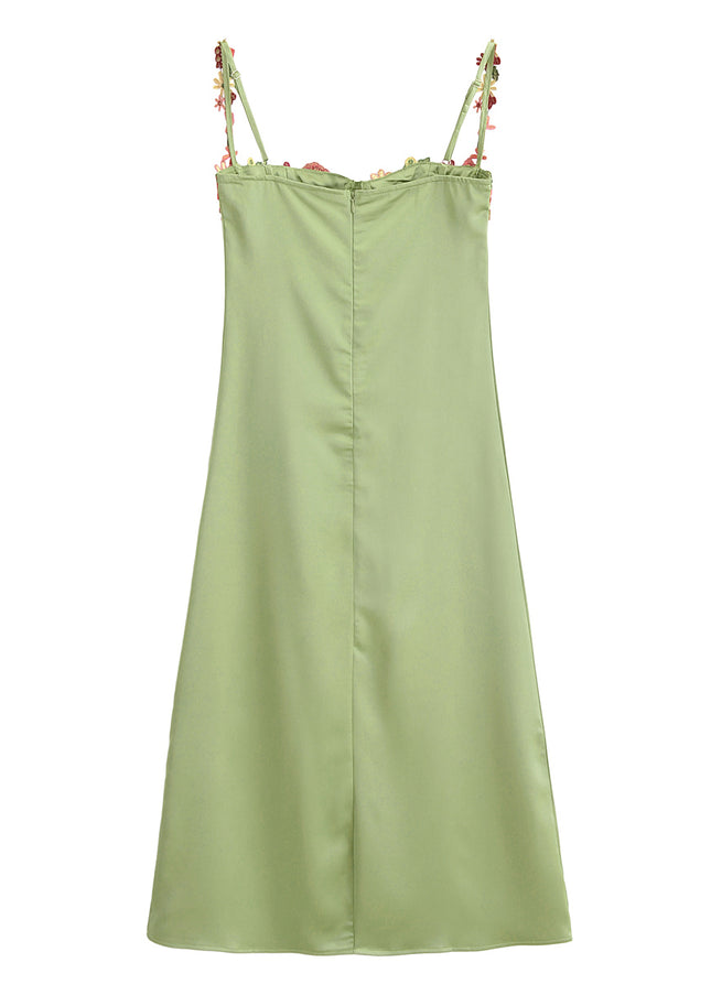 Green Color Floral Embroidery Spaghetti Strap Hot Sale Casual Fashion Summer Long slip Dress for Women
