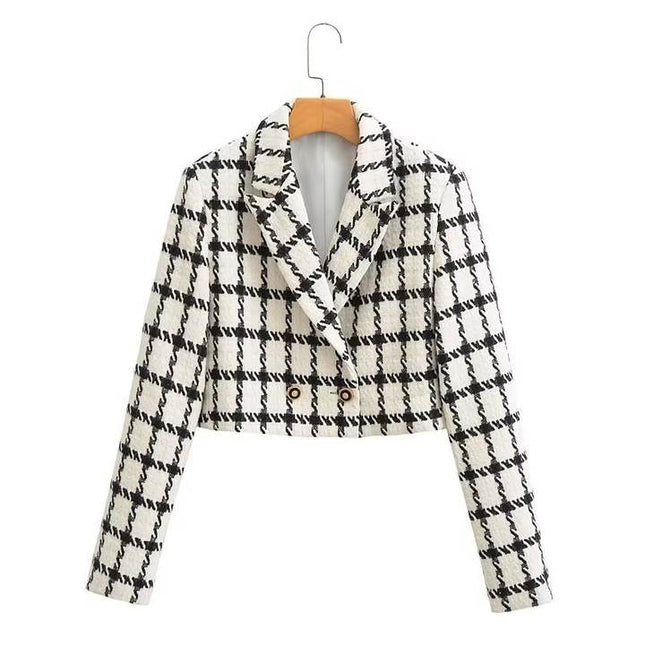 4 Colorway Solid Color Plaid Pattern Double Breasted Long Sleeve Casual Fashion blazer Jacket for Women