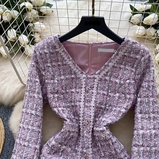 New Arrivals French Tweed Dress Women V-Neck Splicing Slim Short Mini Dresses for Ladies