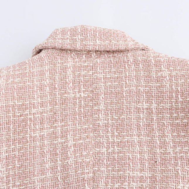 Notched Collar pink Color Double Breasted Long Sleeve Plaid Pattern Casual Fashion blazer for Women