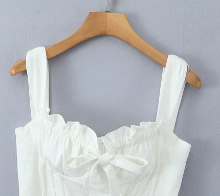 Shoulder Strap White Color Front Bow Tie Casual Fashion Women's Cotton Crop tank Tops