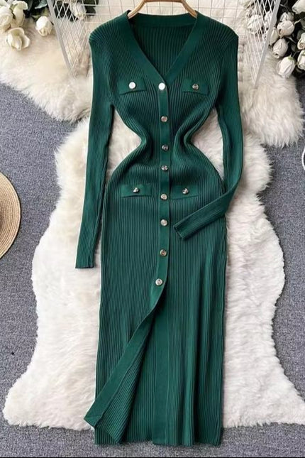 Autumn Winter V-Neck Long Sleeve Knitted Tight Fitting Slim Fit Women Clothes Casual Dress