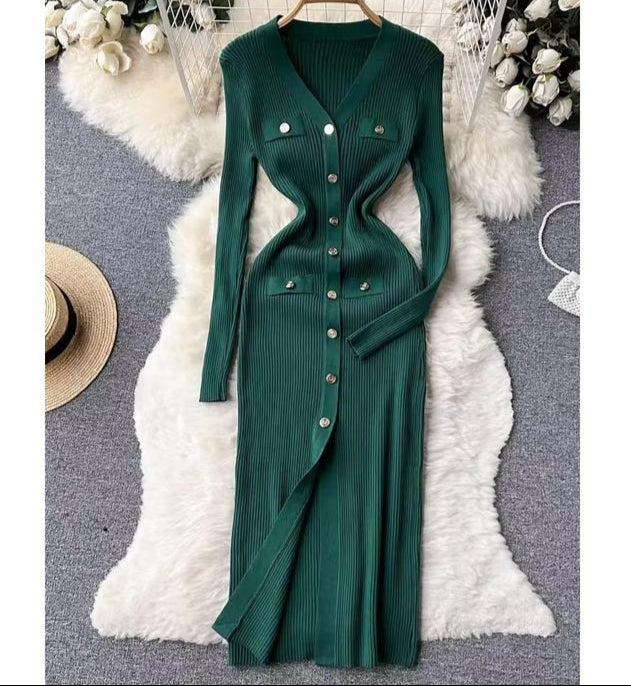 Autumn Winter V-Neck Long Sleeve Knitted Tight Fitting Slim Fit Women Clothes Casual Dress