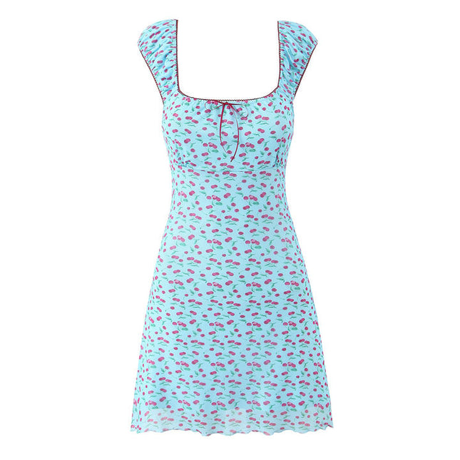 Blue Color Front Lace up Fruit Print Hot Sale Casual Fashion Mini Dress for Women