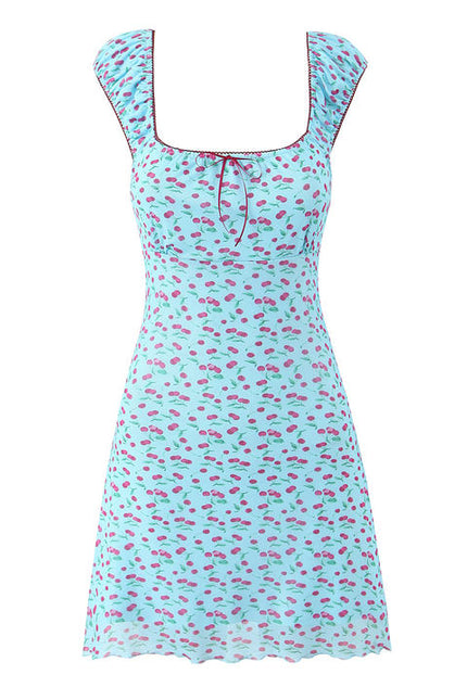 Blue Color Front Lace up Fruit Print Hot Sale Casual Fashion Mini Dress for Women
