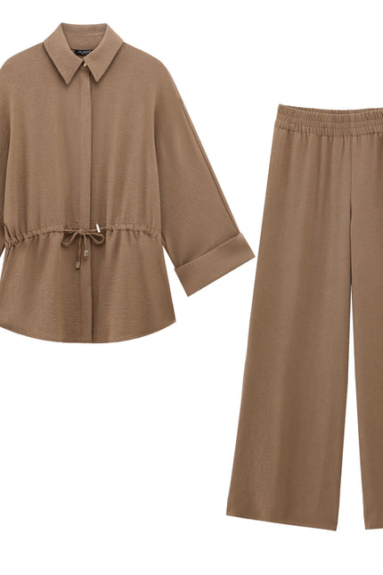 Turn Down Collar Khaki Color Long Sleeve Buttons up Casual Fashion Tops Blouse for Women