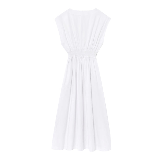 4 Colorway Elastic Waist Solid Color Crew Neck Casual Fashion Long Dress for Women