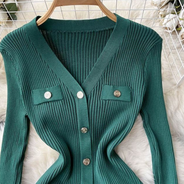 Autumn Winter V-Neck Long Sleeve Knitted Tight Fitting Slim Fit Women Clothes Casual Dress