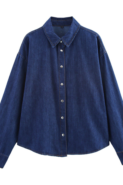 Turn Down Collar Long Sleeve Denim Blue Color Buttons up Casual Fashion Jeans Tops Blouse for Women
