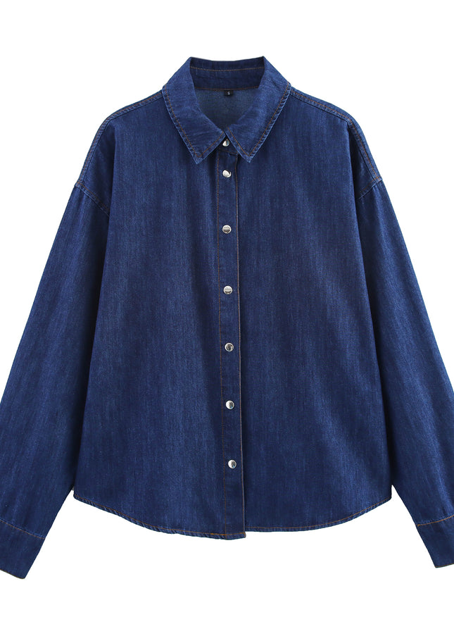 Turn Down Collar Long Sleeve Denim Blue Color Buttons up Casual Fashion Jeans Tops Blouse for Women