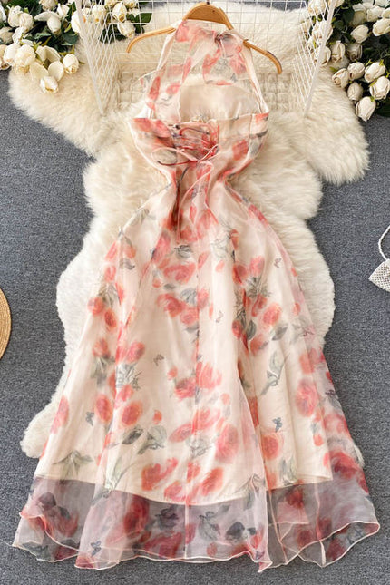 Vestido de verão feminino, praia resort vestido de pescoço com estampa francesa vestido de alcinha
