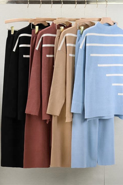 2 Piece Knitted Suit Women Loose Striped Top Casual High Waist Two-piece Pant Set Female Autumn Winter Sweater Set