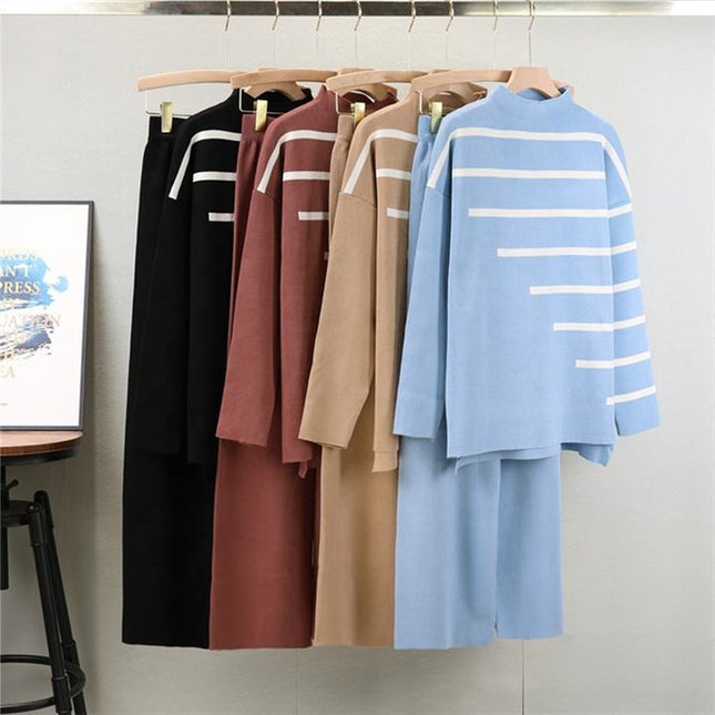 2 Piece Knitted Suit Women Loose Striped Top Casual High Waist Two-piece Pant Set Female Autumn Winter Sweater Set