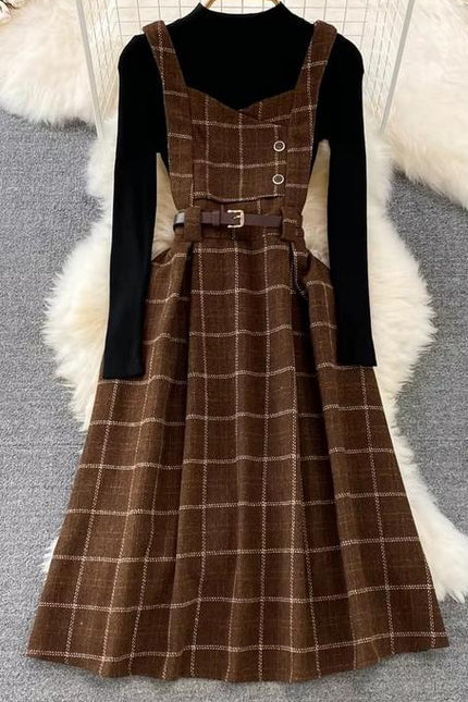 Checkered Strap Dress Autumn Winter Two Piece Set French Vintage Style Dress Stand up Neck Knit Top