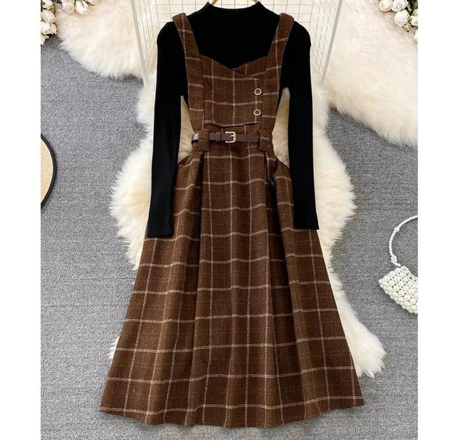Checkered Strap Dress Autumn Winter Two Piece Set French Vintage Style Dress Stand up Neck Knit Top