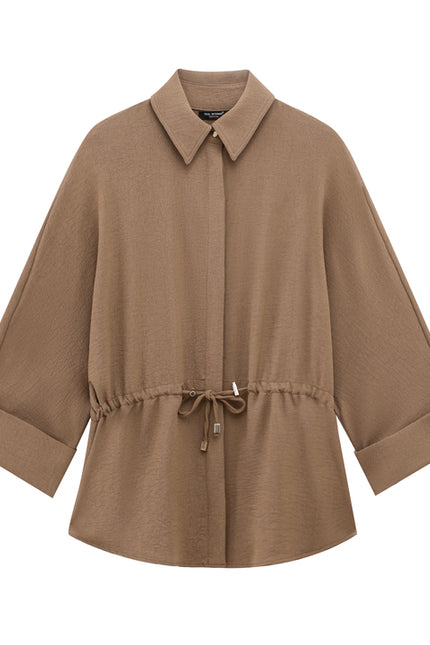 Turn Down Collar Khaki Color Long Sleeve Buttons up Casual Fashion Tops Blouse for Women