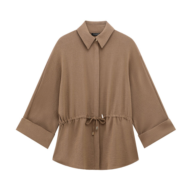 Turn Down Collar Khaki Color Long Sleeve Buttons up Casual Fashion Tops Blouse for Women