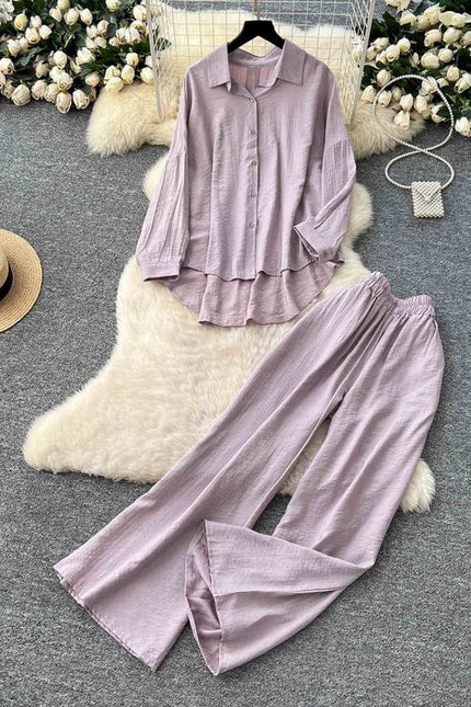Casual Suit Women Loose Irregular Long Sleeve Shirt High-waisted Wide Leg Straight Pants Two Piece Set