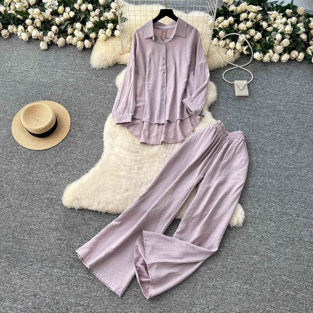 Casual Suit Women Loose Irregular Long Sleeve Shirt High-waisted Wide Leg Straight Pants Two Piece Set