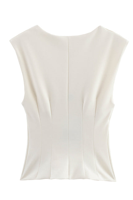 V Neck Buttons up Beige Color Sleeveless Casual Fashion Vest Waistcoat for Women