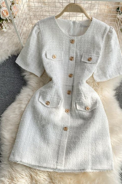 Summer Korean Version of the Round Neck Single-Breasted Elegant Short Sleeve Mini Dresses
