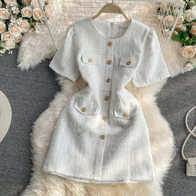 Summer Korean Version of the Round Neck Single-Breasted Elegant Short Sleeve Mini Dresses