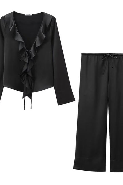 V Neck Black Color Long Sleeve Front Ruffle Casual Fashion Modest Blouse for Women