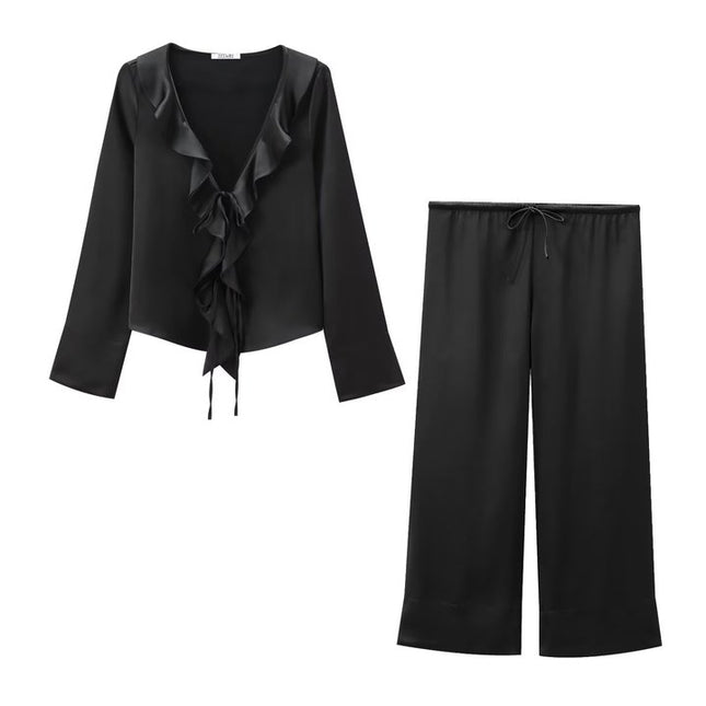 V Neck Black Color Long Sleeve Front Ruffle Casual Fashion Modest Blouse for Women