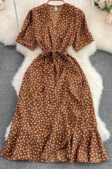 Fashion Small Fresh V-Neck Bubble Short Sleeve Waist Shrink Slimming A-Line Flounce Floral Dress