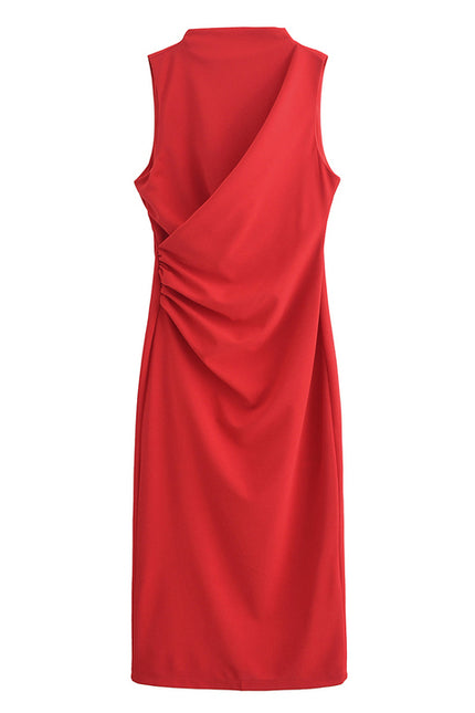 5 Colorway Pleated Sleeveless Solid Color Crew Neck Casual Fashion Summer Long Dress for Women