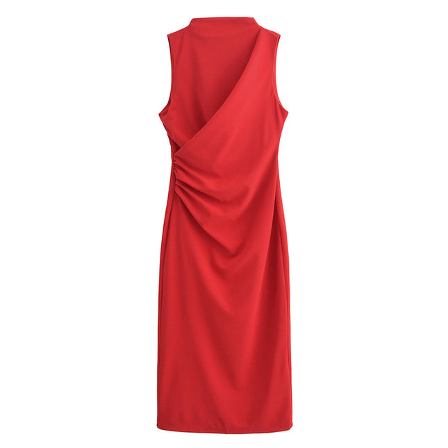 5 Colorway Pleated Sleeveless Solid Color Crew Neck Casual Fashion Summer Long Dress for Women