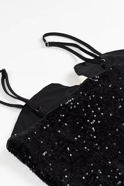 Spaghetti Strap Front Bow Tie Black Color Sequin Casual Fashion Summer Mini Dress for Women