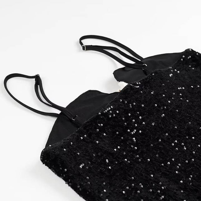 Spaghetti Strap Front Bow Tie Black Color Sequin Casual Fashion Summer Mini Dress for Women