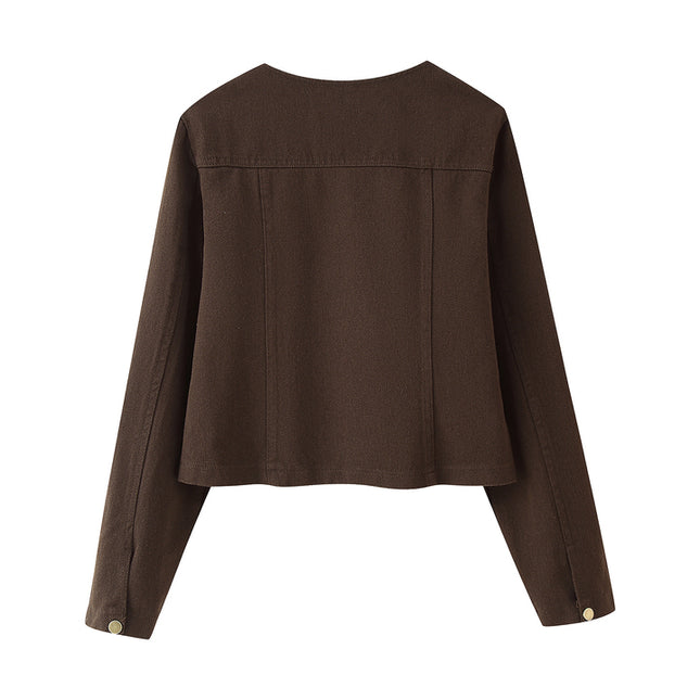 Crew Neck Single Breasted Long Sleeve Brown Color Hot Sale Casual Fashion Jeans Tops Blouse for Women