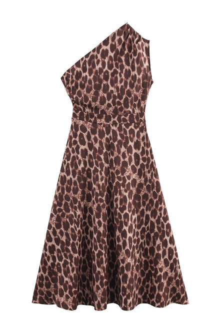 Animal Print Asymmetrical Design Brown Color Casual Fashion Summer Long Dress for Women
