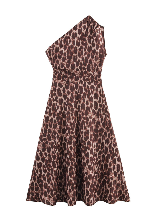 Animal Print Asymmetrical Design Brown Color Casual Fashion Summer Long Dress for Women