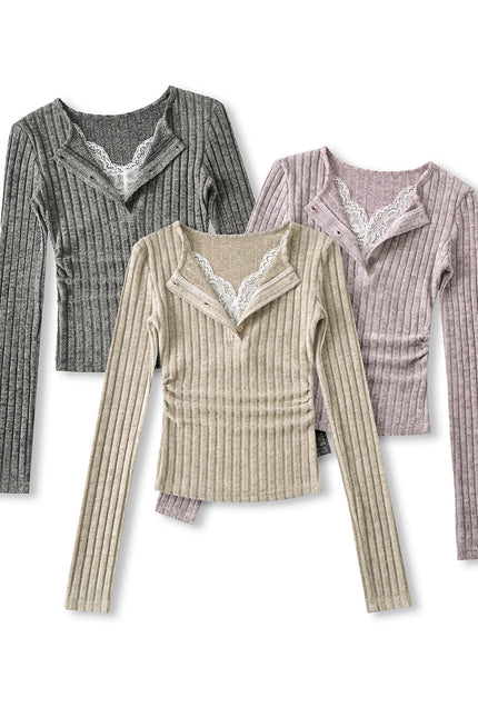 3 Colorway Solid Color v Neck Long Sleeve Knitted Casual Fashion t Shirt for Women