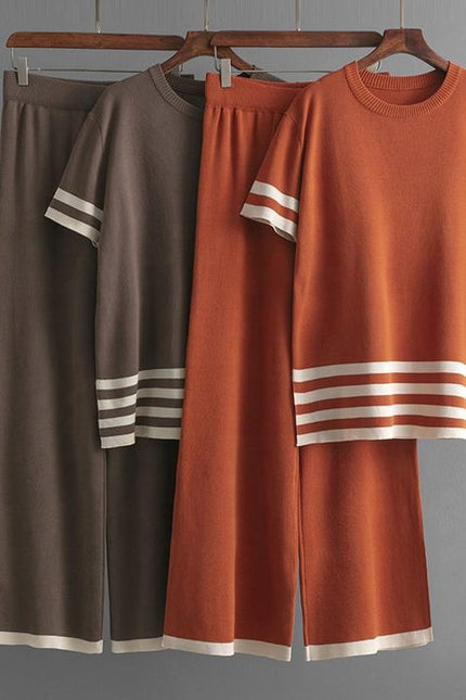 Summer Contrast Stripe Split Short Sleeve Knitwear High Waist Slim Pants Women's Set