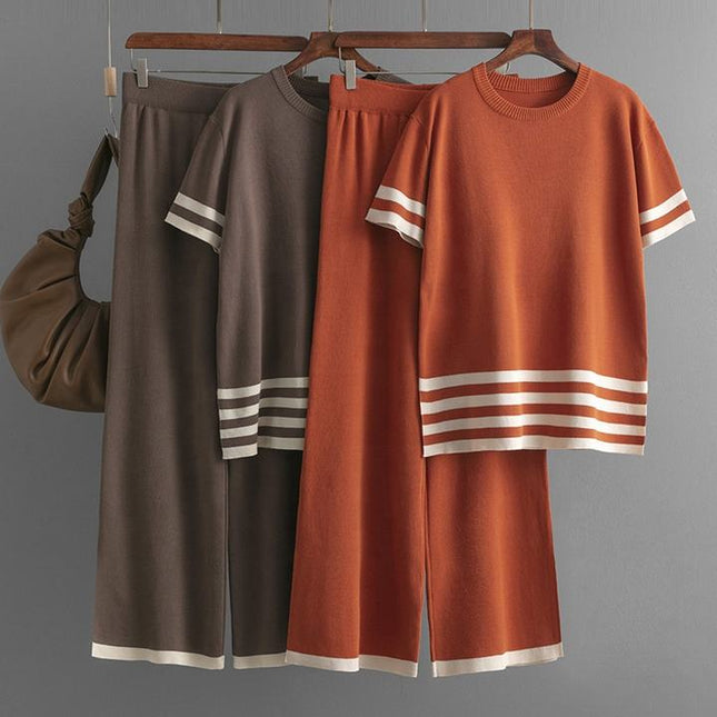 Summer Contrast Stripe Split Short Sleeve Knitwear High Waist Slim Pants Women's Set