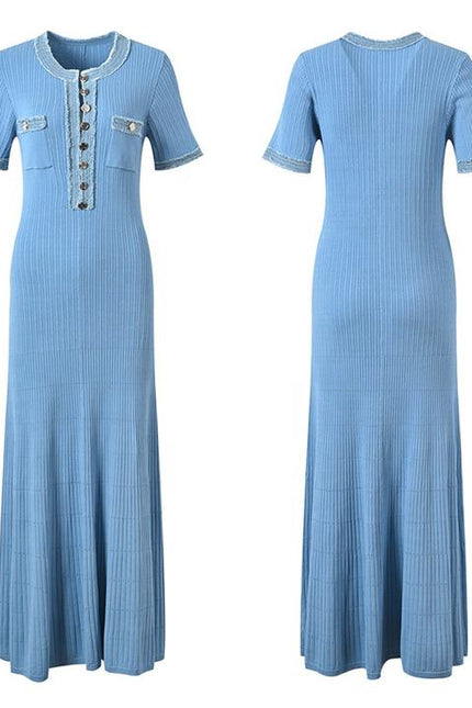 French Fashion Summer Models Denim Splicing Collision Color Knitted Dress Slim Long Dresses for Women