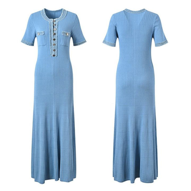 French Fashion Summer Models Denim Splicing Collision Color Knitted Dress Slim Long Dresses for Women