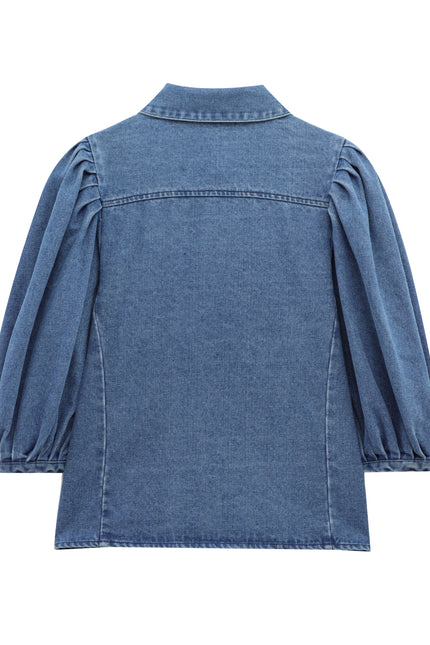 Turn Down Collar Denim Blue Color Buttons up Long Sleeve Casual Fashion Jeans Tops for Women