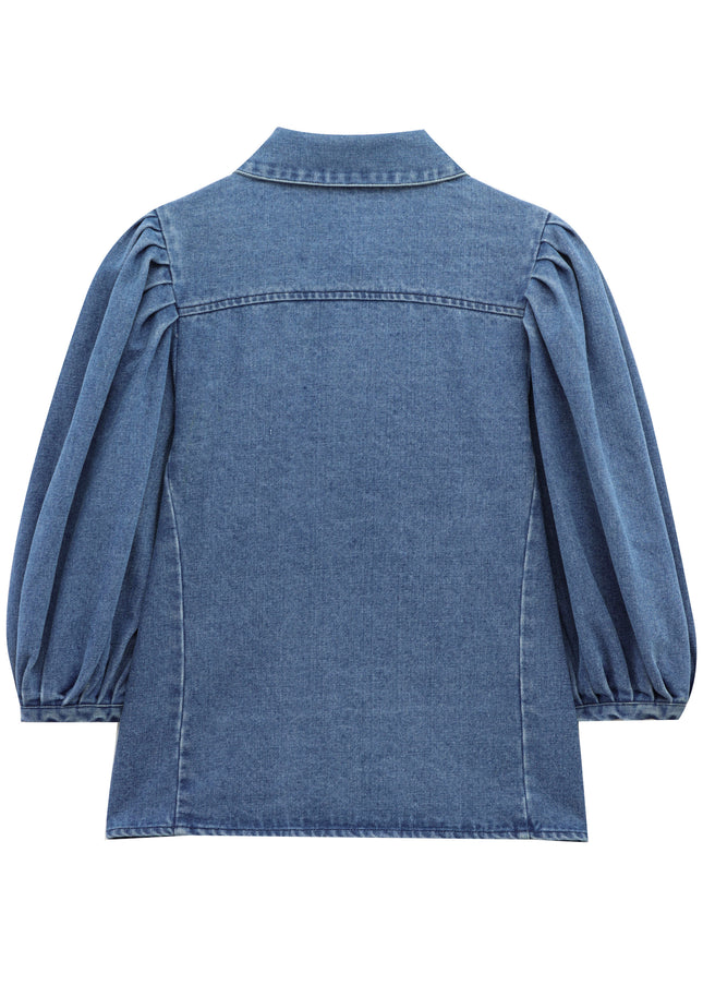 Turn Down Collar Denim Blue Color Buttons up Long Sleeve Casual Fashion Jeans Tops for Women