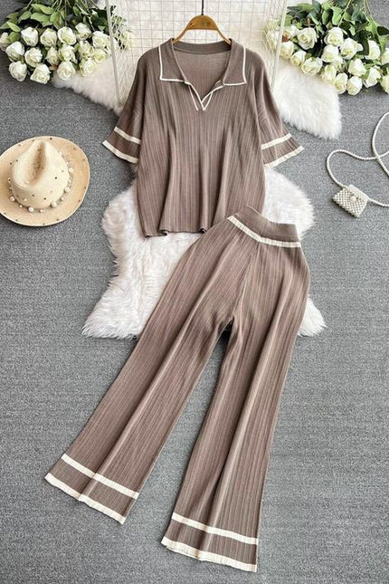 2024 New Fashion Set Style Contrast Color Short Sleeved Knitted Shirt+High Waist Slim Wide Leg Pants Set of Two